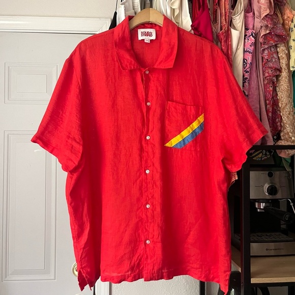 SOLID & STRIPED red linen mens stripe pocket detail short sleeve button up shirt - Picture 1 of 6